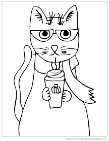 free cat coloring page with pumpkin spice drink