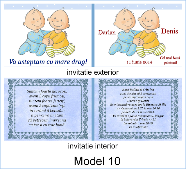 invitatii botez fara foto gemeni carte postala dubla