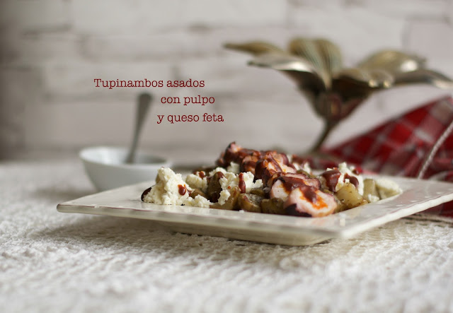 Tupinambos asados con pulpo y queso feta