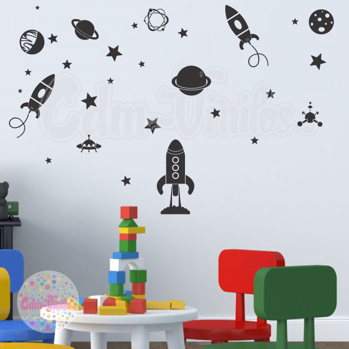 VINILO DECORATIVO INFANTIL COHETE ESPACIO PLANETAS ESTRELLAS - W115