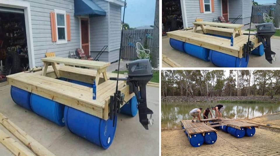 Creative Idea Boat Made Of Wood And 55 Gallon Poly Drums Decor Units