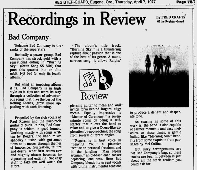 Rock & Roll Newspaper Press History Bad Company The Eugene Register
