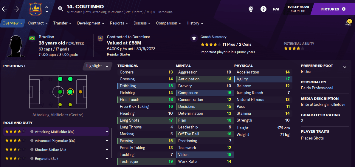 Philippe Coutinho Football Manager 2021 FM21
