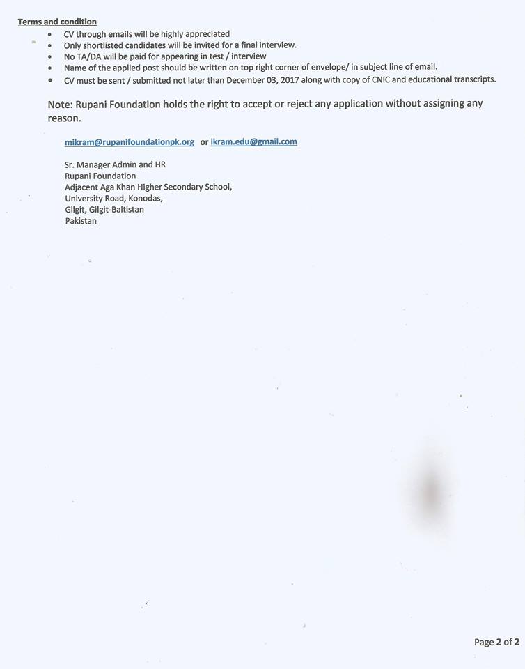 GilgitBaltistan Career Forum Rupani Foundation announced a Position