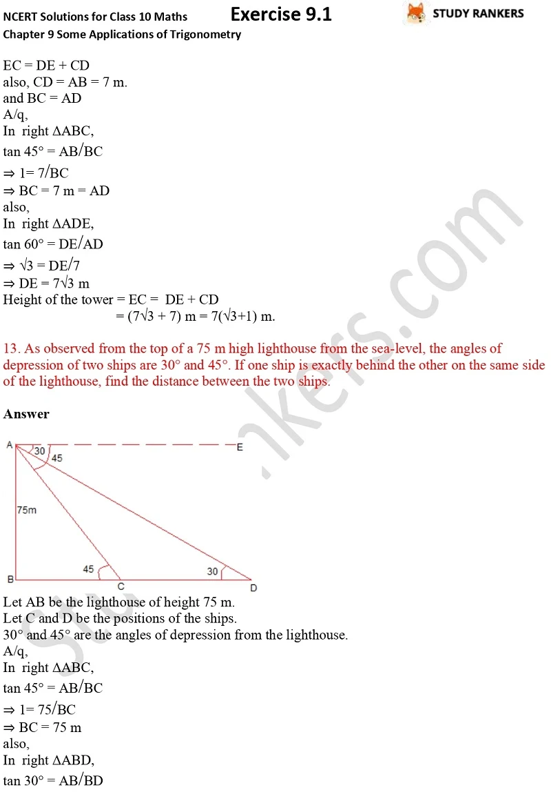 NCERT Solutions for Class 10 Maths Chapter 9 Some Applications of Trigonometry Exercise 9.1 Part 10