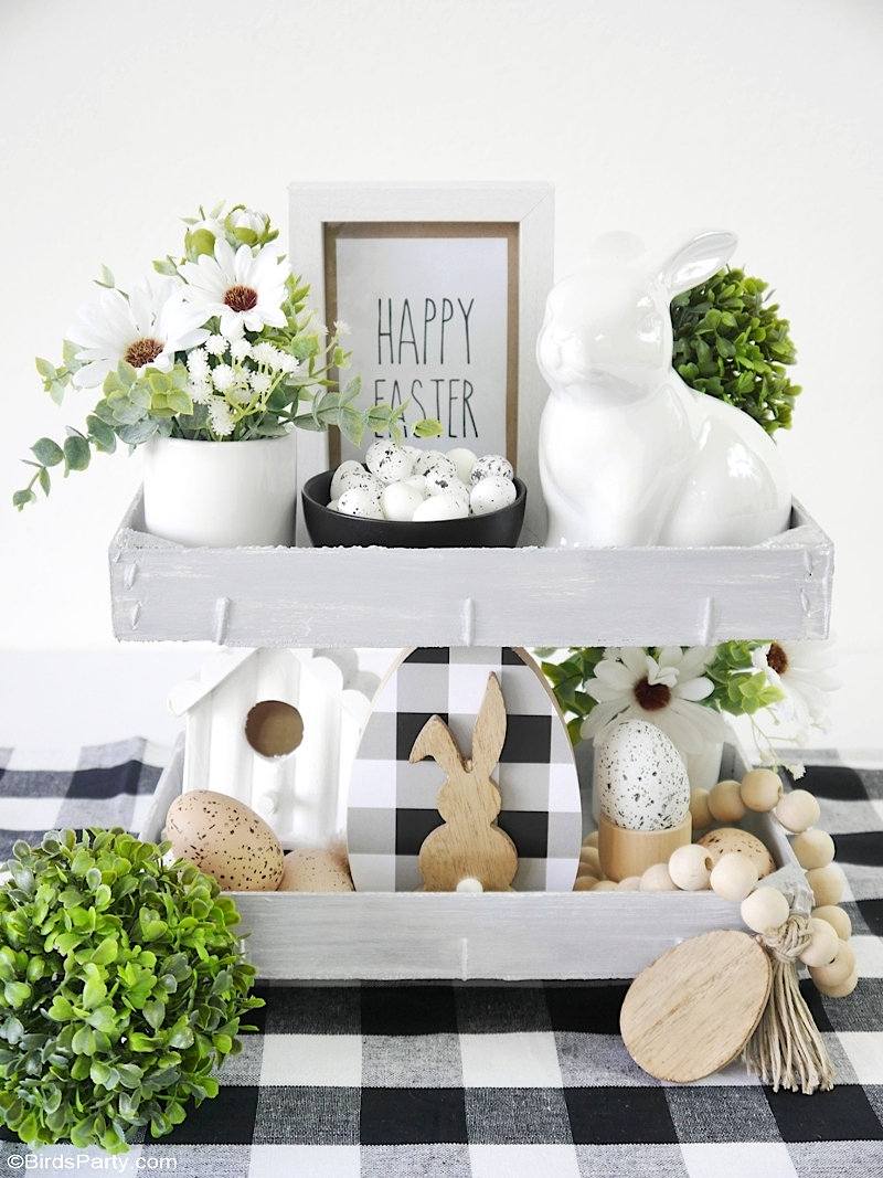 DIY Modern Farmhouse Easter Décor - easy craft projects to decorate a tiered tray, tablescape or mantel for your home this spring! by BirdsParty.com @birdsparty #diy #farmhouse #freeprintables #easterdecor #farmhouse easter #tieredtray #diydecor #homedecor