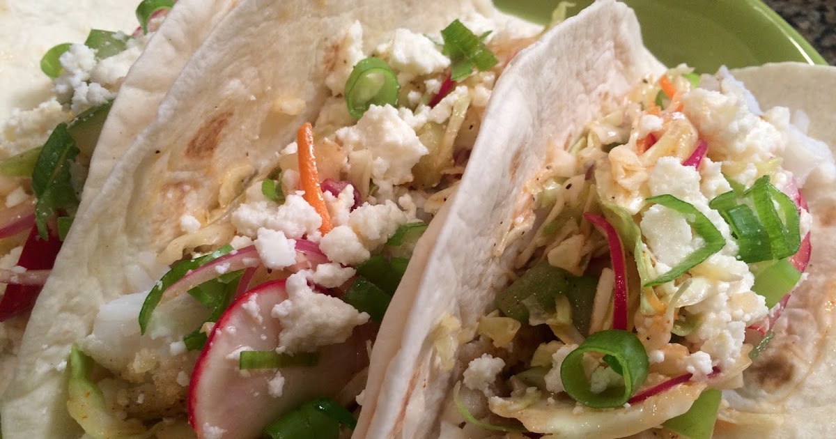 Fish tacos with radish & tomatillo slaw