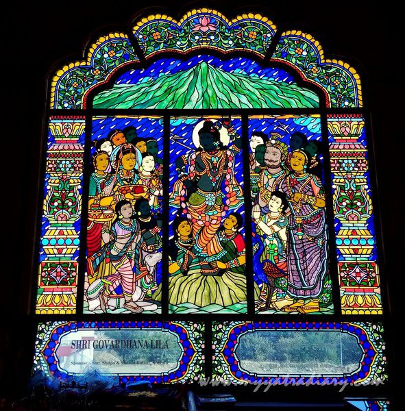 Govardhan lila stained glass window vedic art gallery - ISKCON Jaipur, Rajasthan