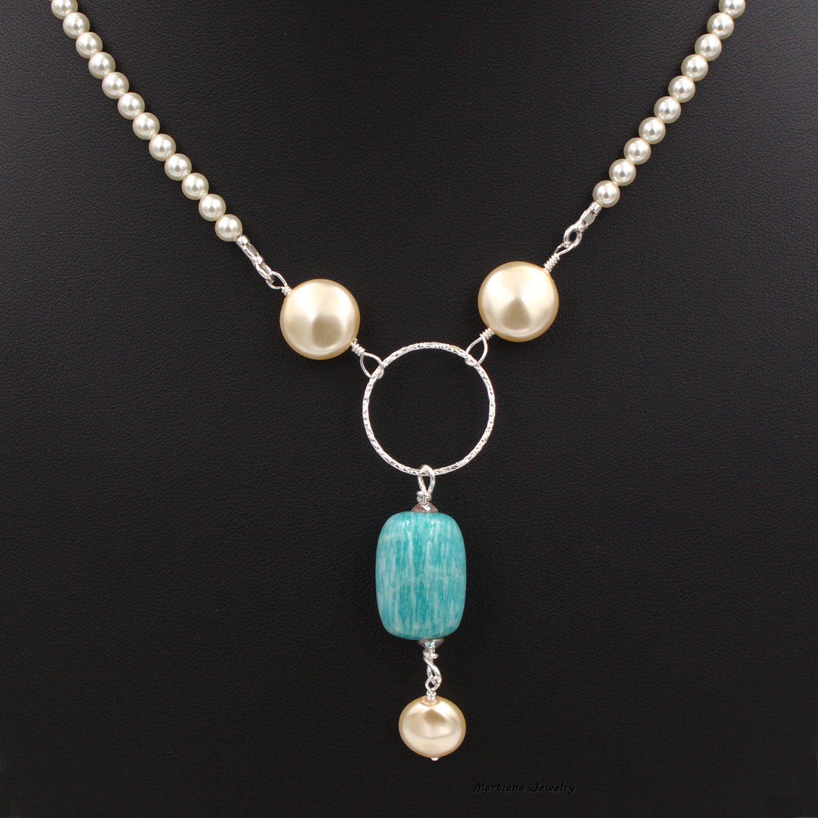Brazil Amazonite Barrel Gemstone Pendant Necklace Swarovski Pearls
