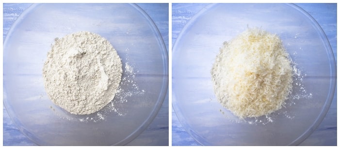 making cheese & chive beer bread - step 1 making cheese & chive beer bread - step 1 - flour, sugar, salt, baking powder and parmesan added to a mixing bowl