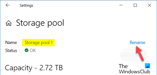 Rinominare lo storage pool per gli spazi di archiviazione tramite l'app Impostazioni