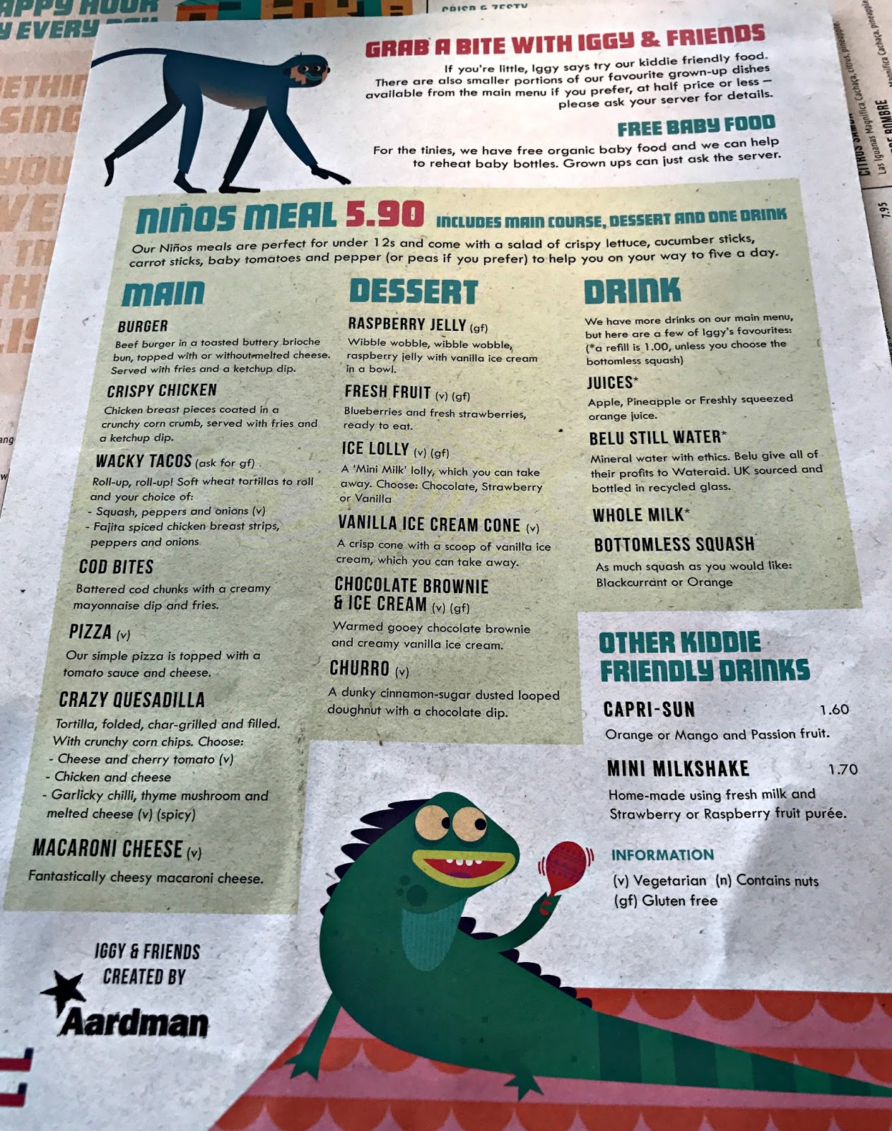 The children's menu at Las Iguanas