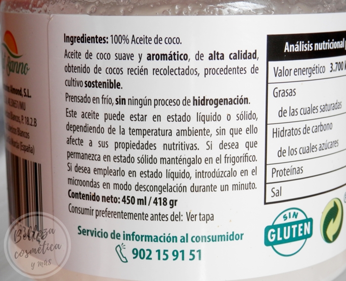 ingredientes aceite coco mercadona virgen extra