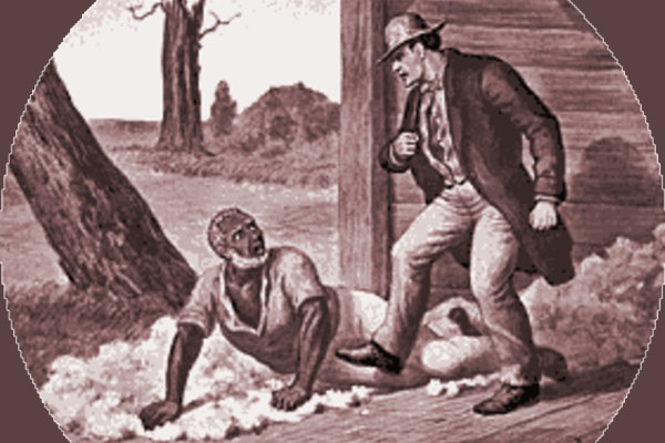 old-fashioned sepia-colored print of a Black man lying on a porch, cotton all around him, as a cruel-looking white man seems to be kicking him