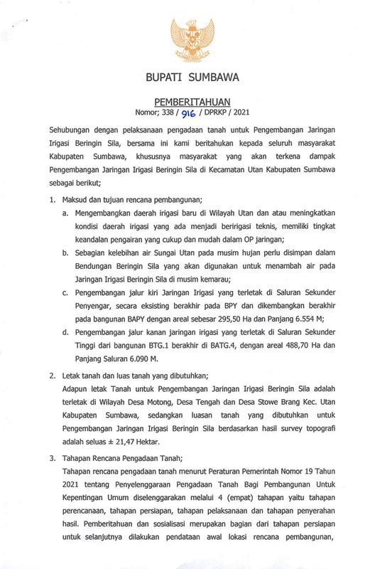 PEMBERITAHUAN : PENGADAAN TANAH UNTUK PEMBANGUNAN JARINGAN IRIGASI BERINGIN SILA