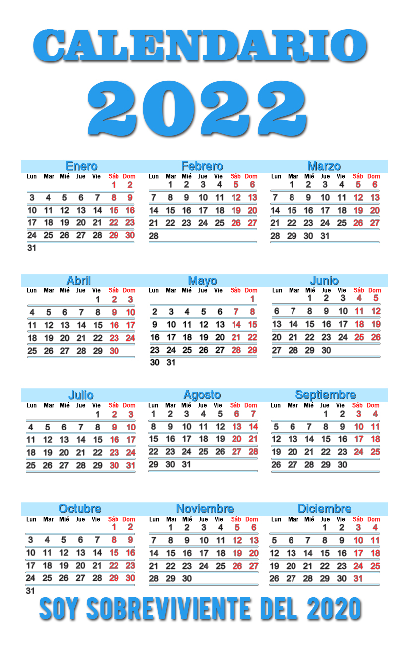 Calendario Anual 2022 Para Imprimir Gratis