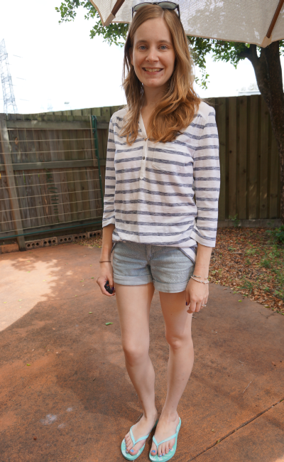 casual Queensland summer errands outfit denim shorts striped tee