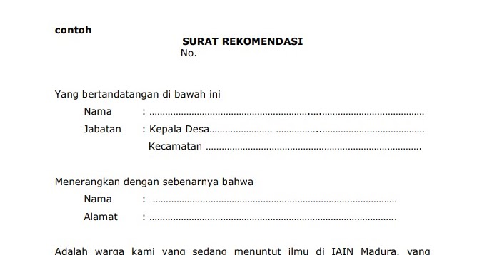 Contoh Surat Rekomendasi Kepala Desa Untuk Permohonan