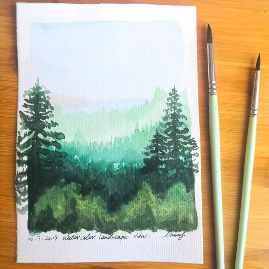 How to paint pine forests landscape with watercolor