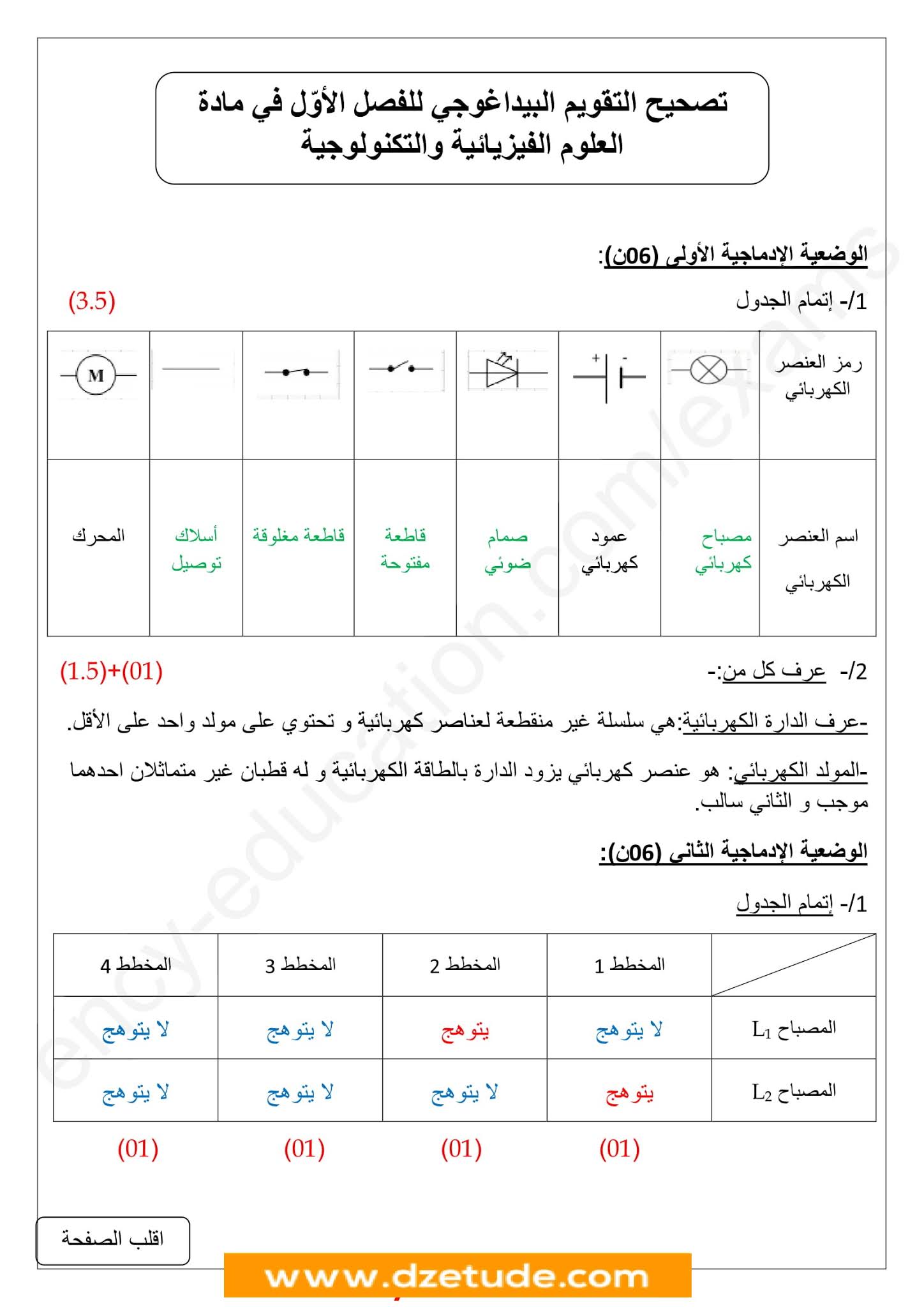 فرض الفيزياء الفصل الأول للسنة الأولى متوسط - الجيل الثاني نموذج 1