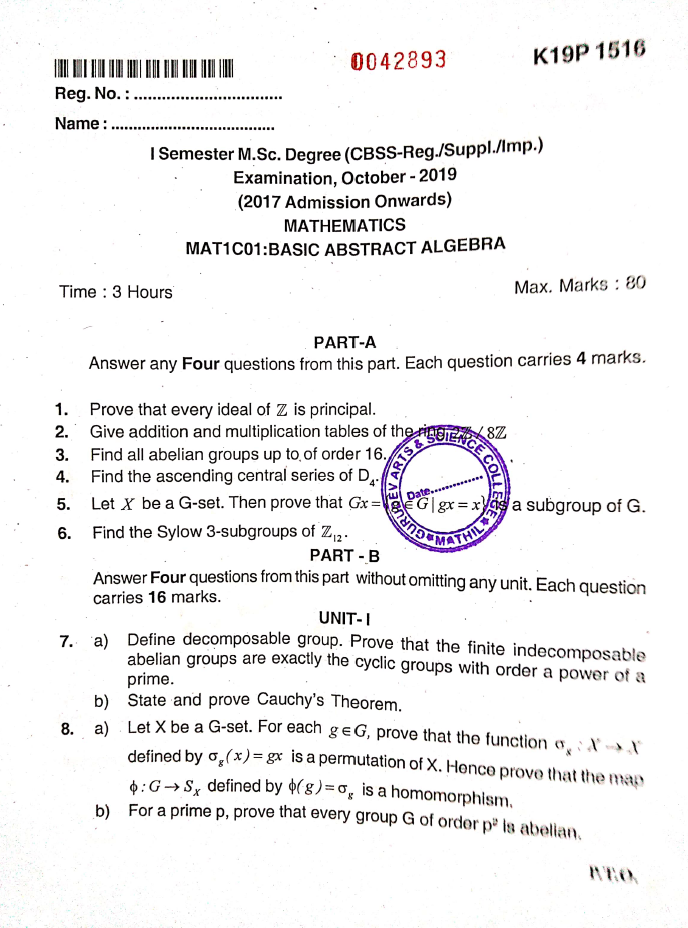 Kannur University M.Sc.Mathematics MAT1C01 BASIC ABSTRACT ALGEBRA