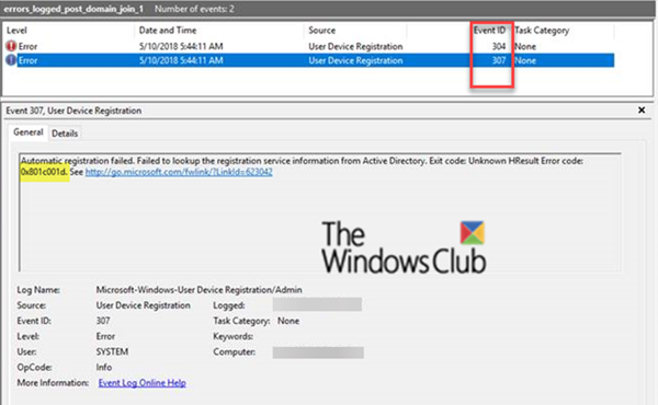 0x801c001d – รหัสเหตุการณ์ 307 และ 304