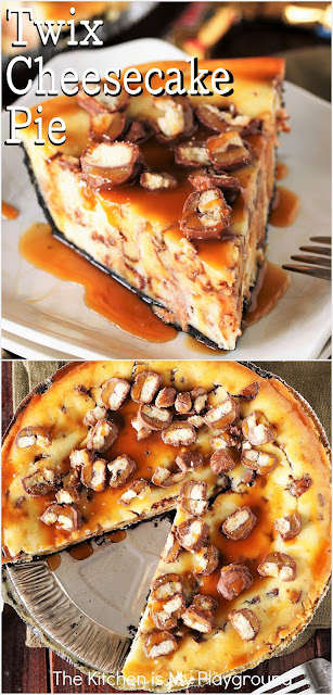 Twix Cheesecake Pie ~ If you love Twix candy bars, you'll love them even more in this creamy cheesecake pie! It's loaded with fabulous Twix flavor in every bite, and a FABULOUS recipe for enjoying leftover Halloween candy. www.thekitchenismyplayground.com