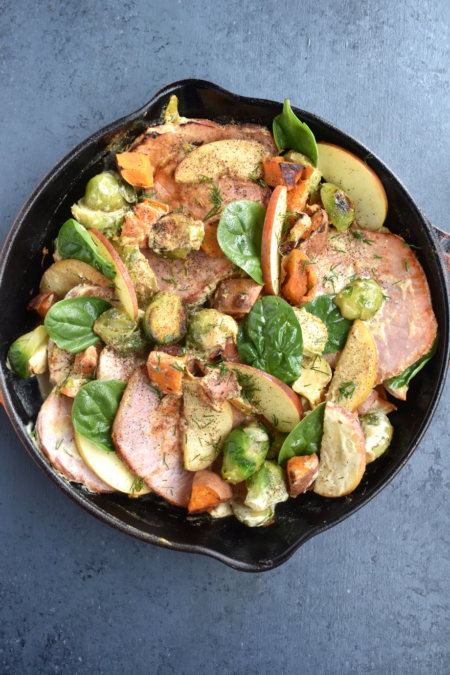 Dijon Pork Chops with Sweet Potatoes, Apples and Brussels Sprouts The