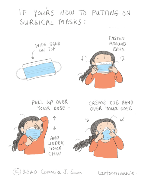 comics, sketchbook, illustration, nyc scene, trader joe's, pandemic diary about how to wear a face mask, visual diary, connie sun, cartoonconnie
