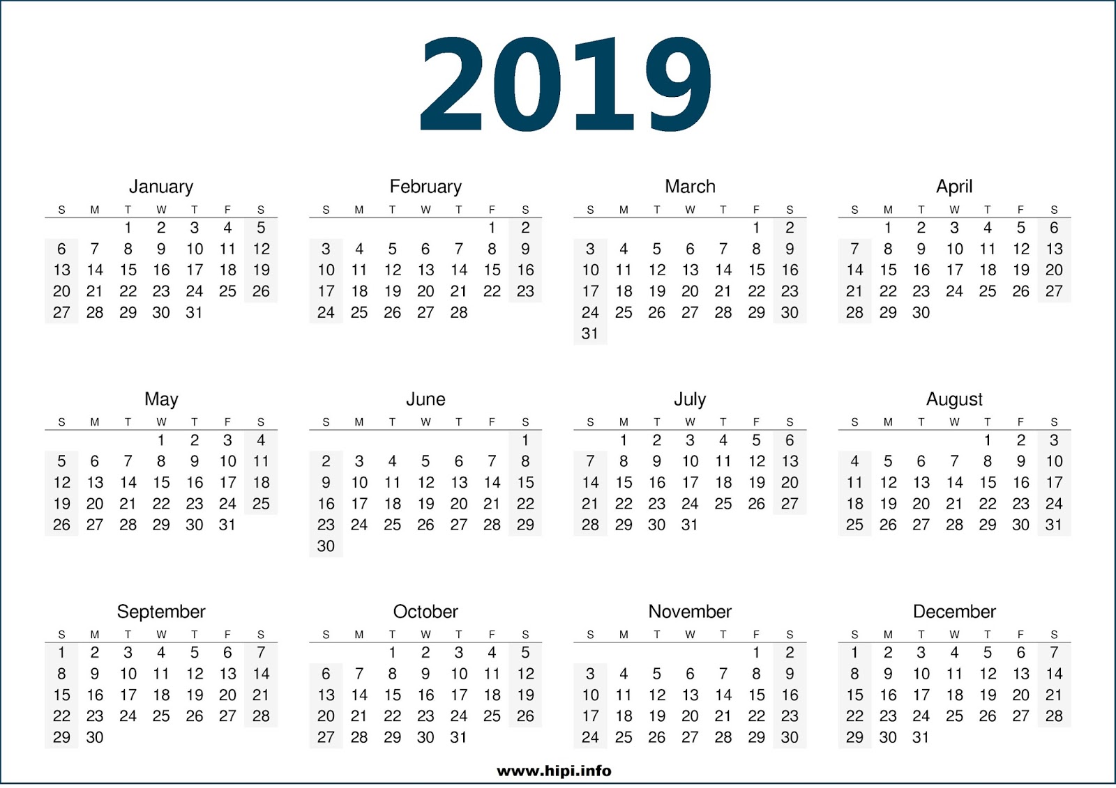 A4 2019 Calendar Printable