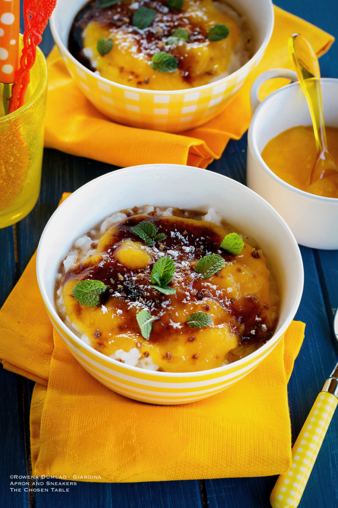Coconut Rice Pudding With Mango Puree and Rum Caramel Sauce