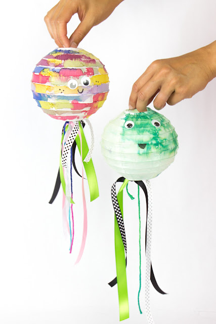 painted watercolor paper lanterns craft (cute fish, pom pom, earth, and jellyfish kids craft!)