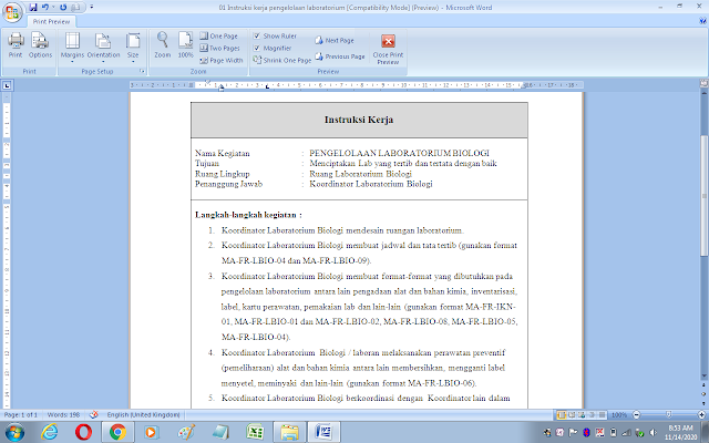 Contoh format instruksi kerja pengelolaan laboratorium biologi sekolah