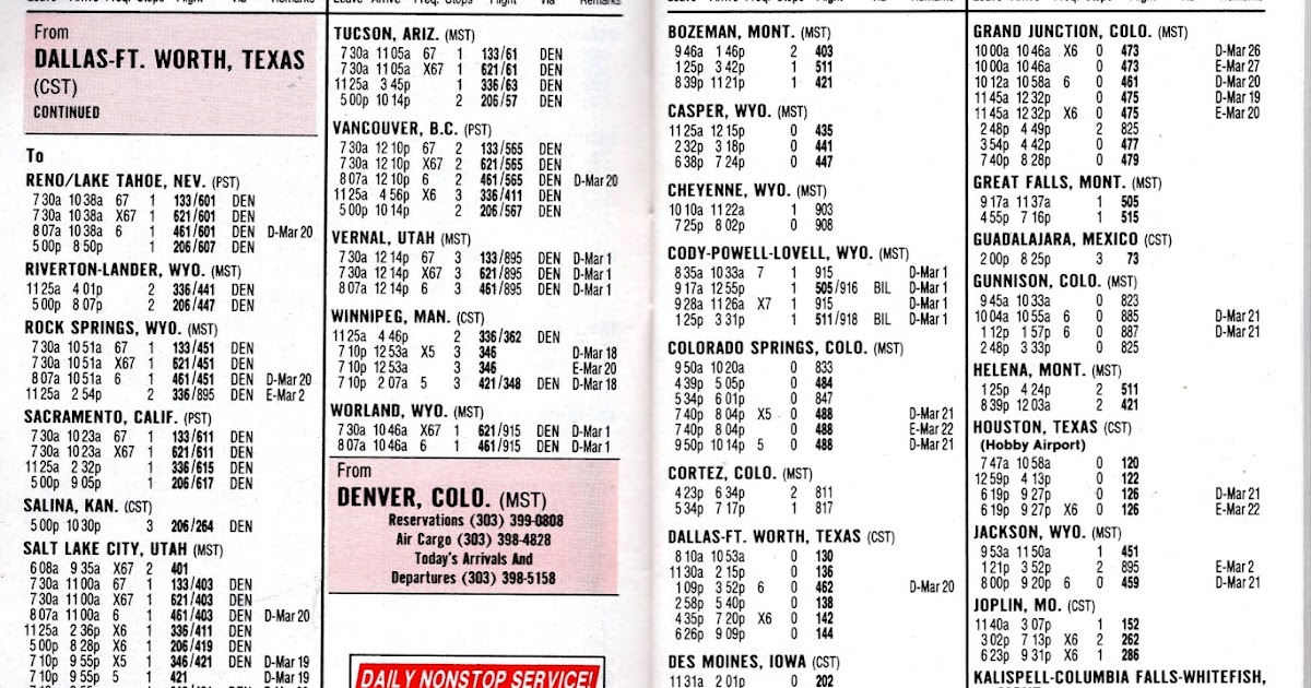 Airline Timetables Frontier Airlines February, 1982