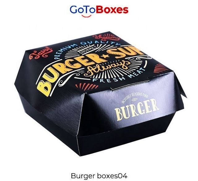 We provide eco-friendly eloquently designed Custom Burger Boxes at GoToBoxes. Wholesale discounts and free shipment is offered for attractive printed boxes.