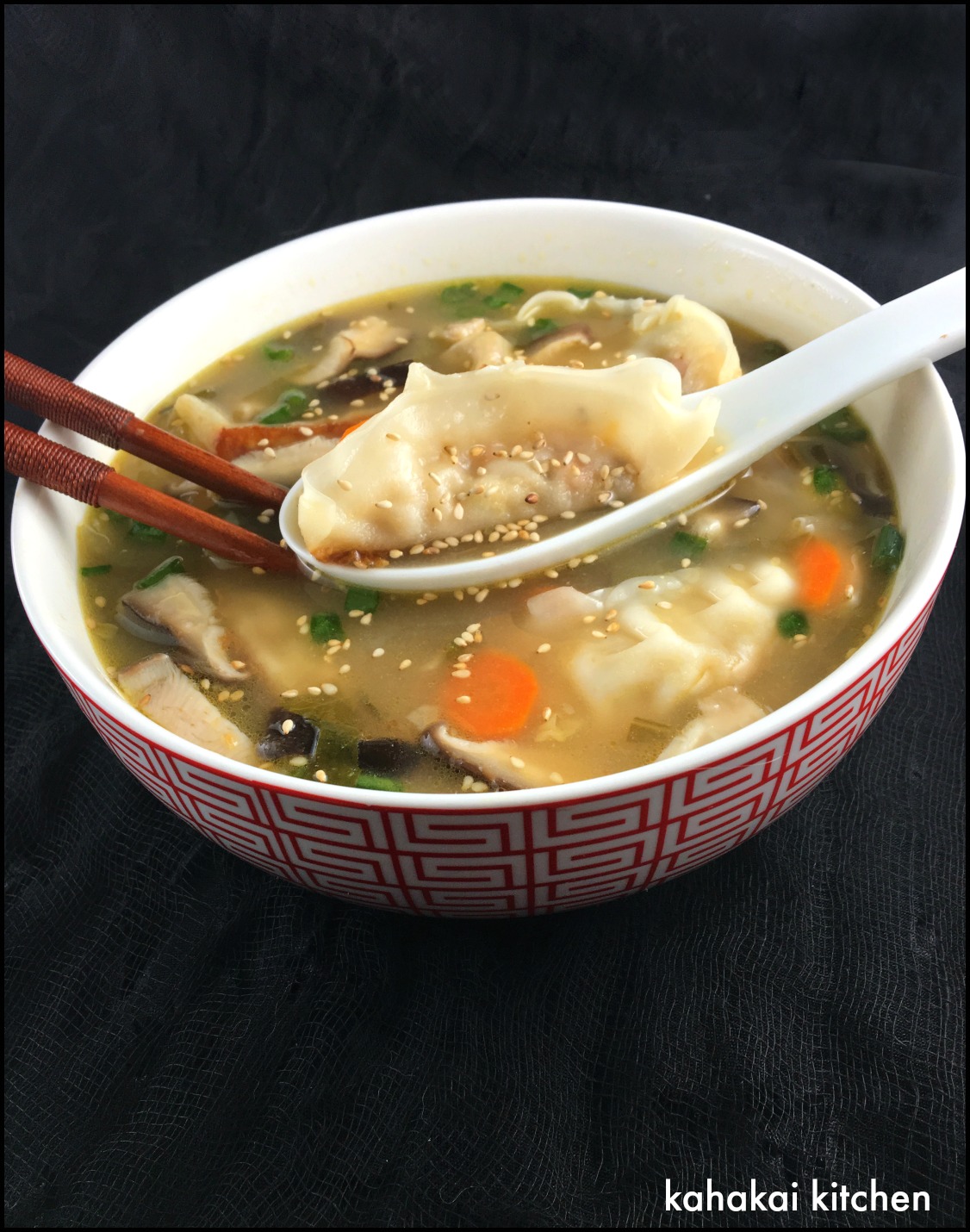 Kahakai Kitchen Vegan 'Wonton' Soup with "a Reasonable Broth to Wonton