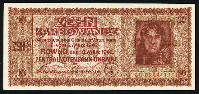 10 Karbowanez banknote World War 2 Zentralnotenbank Ukraine Rowno