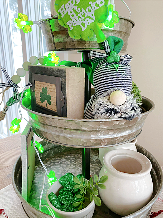 Sock gnome and st. Patrick's day decor in a tiered tray