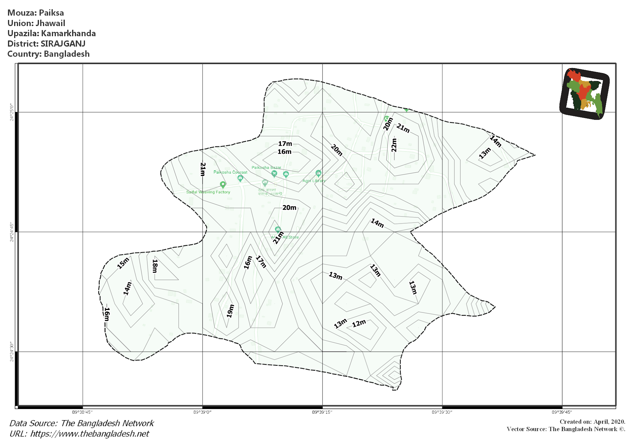 Map of Paiksa Mouza of Kamarkhanda Upazila, SIRAJGANJ, Bangladesh.