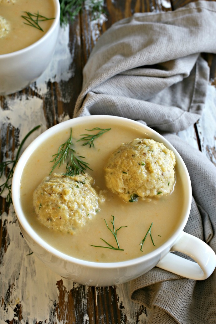 Recipe for easy, creamy chicken soup with herb matzo balls.