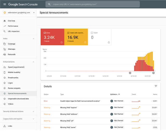 A look at the Special Announcements Enhancement report in Google Search Console