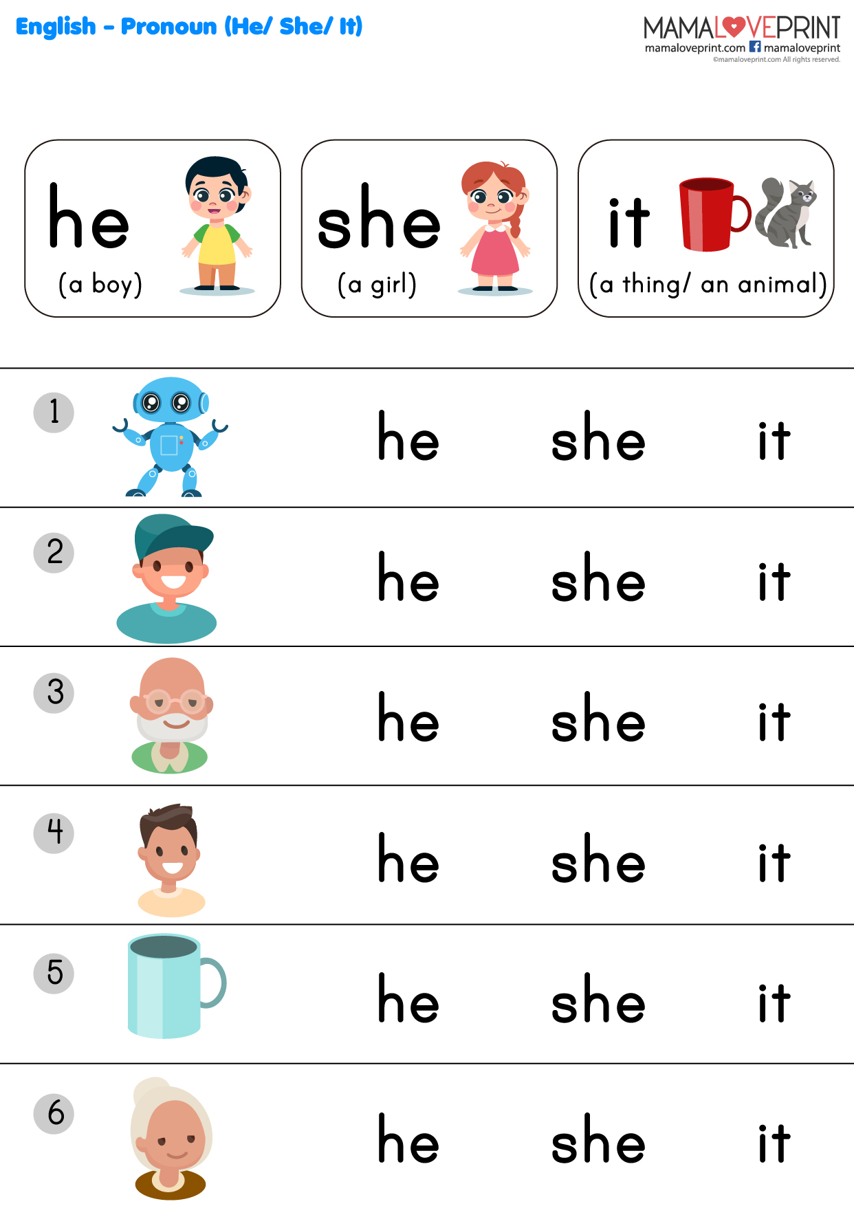 Pronouns He She It Worksheets For Grade 1