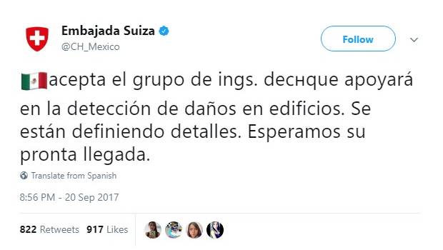 Embajada Suiza confirma que México aceptó ayuda de sus voluntarios