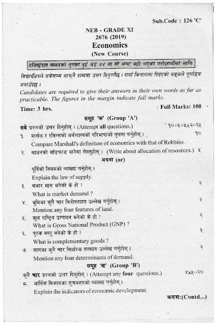 Question Paper Class XI Economics  2076, NEB Question Paper 