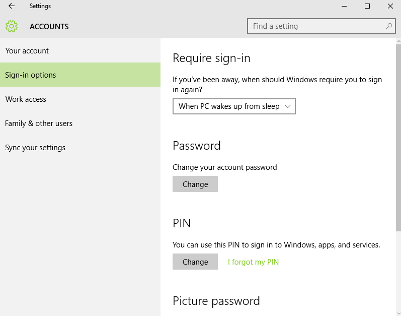 Set Signin options, Work access and Family and other users in Windows 10