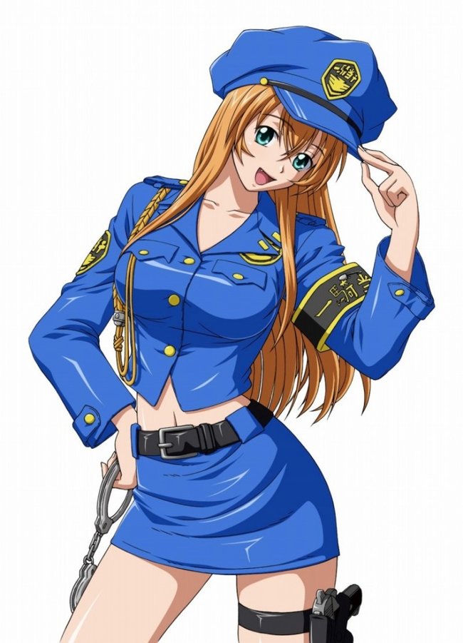 Gambar kartun polisi wanita memakai seragam berwarna biru.