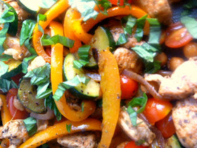 This easy Mediterranean style skillet dish of bold flavored chicken and vegetables comes together in under 30 minutes!