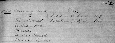 Glengarry County, Ontario, Register of deeds for Lancaster Township, Charlottenburgh Township and Kenyon Township, p. 361; FHL microfilm 201,714, item 1, image 198.