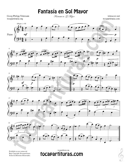Partitura de Piano de la Fantasía en Sol Mayor del Maestro Gerog Philipp Telemann Piano Sheet Music Barroque 