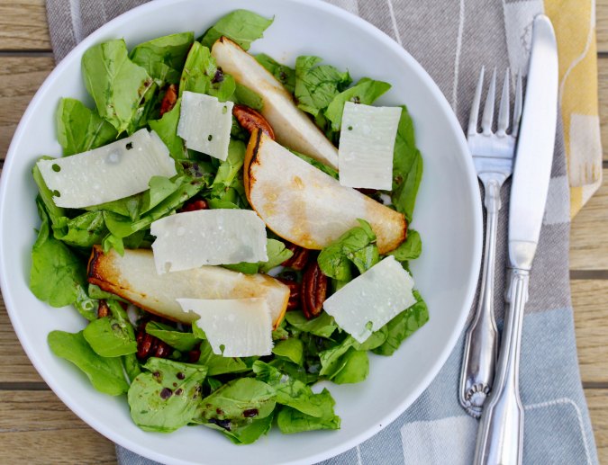 Roasted Pear, Parmesan, and Spiced Pecan Salad with Balsamic